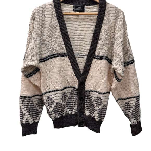 Brown and Beige men’s vintage Sears large cardigan knit sweater. - Picture 1 of 5